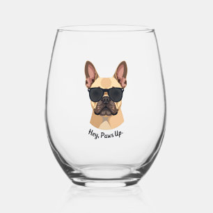Vintage Hey, Paws Up French Bulldog Sunglasses Gra Stemless Wine Glass