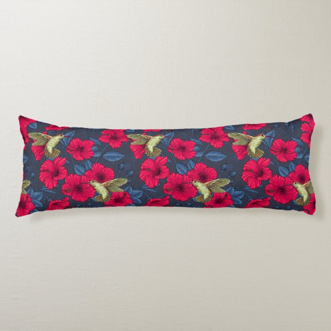 Vintage Hibiscus Botanical and Hummingbird Body Cushion (Front)