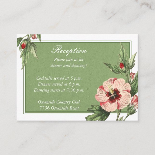 Vintage Hibiscus Floral Wedding Reception Card (Front)