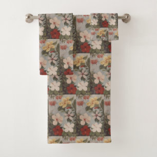 Vintage Hibiscus Flowers Floral Red Pink Yellow Bath Towel Set