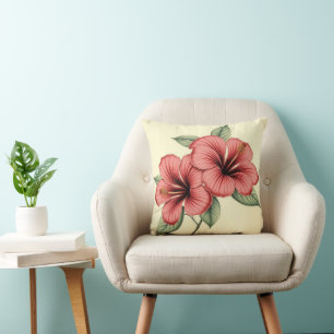 Vintage Hibiscus on Weathered Paper Throw Pillow