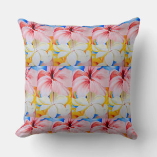 Vintage Hibiscus Plumeria Yellow Pink Blue Cushion