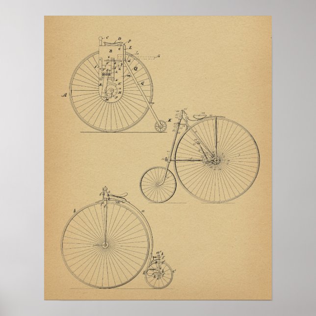 Vintage High Wheeler Bicycle Patent Art Print (Front)