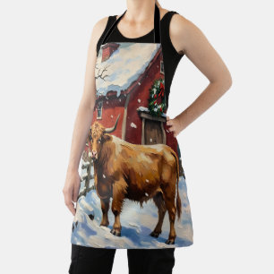 Vintage Highland Cow at Snowy Christmas Barn Apron