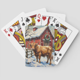 Vintage Highland Cow at Snowy Christmas Barn Playing Cards