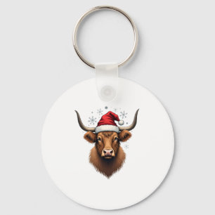 Vintage Highland Cow Christmas Design with Santa H Key Ring