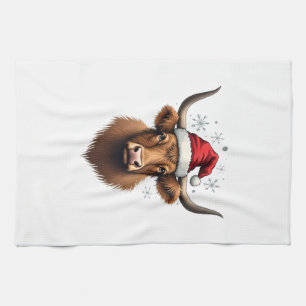 Vintage Highland Cow Christmas Design with Santa H Tea Towel