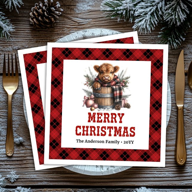 Vintage highland cow Christmas napkins red black  (Vintage highland cow Christmas napkins red black tartan art

)