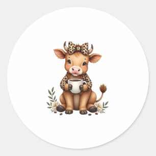 Vintage Highland Cow Coffee Lover Watercolor Cute Classic Round Sticker