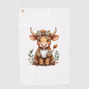 Vintage Highland Cow Coffee Lover Watercolor Cute Golf Towel