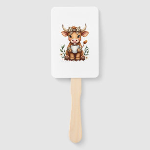 Vintage Highland Cow Coffee Lover Watercolor Cute Hand Fan