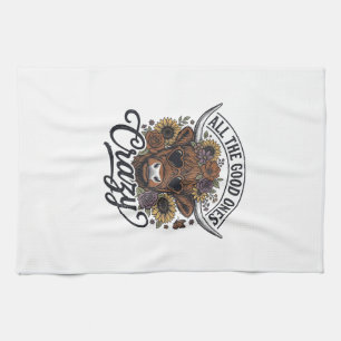 Vintage Highland Cow Floral Crazy Quote Design_1 Tea Towel