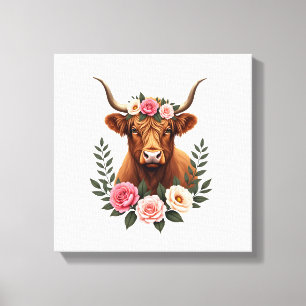 Vintage Highland Cow Floral Crown Boho Farmhouse A Canvas Print