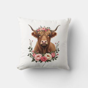 Vintage Highland Cow Floral Crown Boho Farmhouse A Cushion