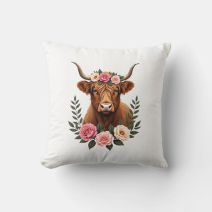 Vintage Highland Cow Floral Crown Boho Farmhouse A Cushion