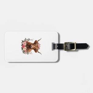 Vintage Highland Cow Floral Crown Boho Farmhouse A Luggage Tag