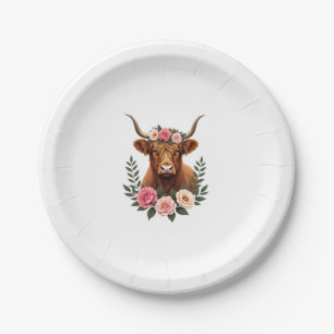Vintage Highland Cow Floral Crown Boho Farmhouse A Paper Plate