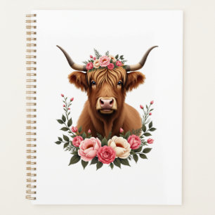 Vintage Highland Cow Floral Crown Boho Farmhouse A Planner