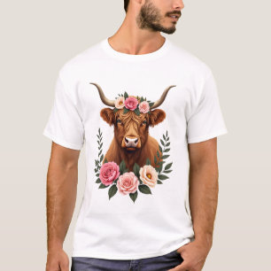Vintage Highland Cow Floral Crown Boho Farmhouse A T-Shirt