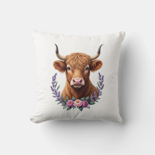 Vintage Highland Cow Floral Wreath Cute Rustic Far Cushion