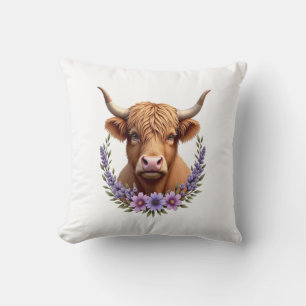 Vintage Highland Cow Floral Wreath Cute Rustic Far Cushion