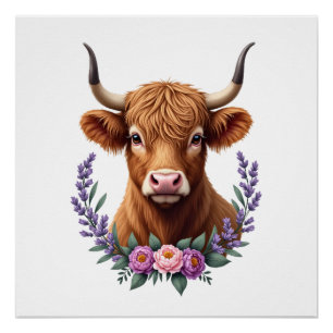 Vintage Highland Cow Floral Wreath Cute Rustic Far Poster