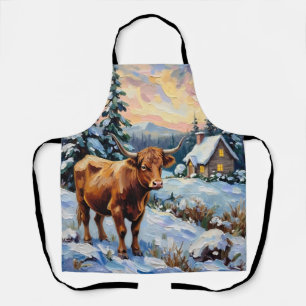 Vintage Highland Cow in Snowy Christmas Meadow Apron