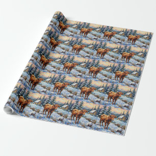 Vintage Highland Cow in Snowy Christmas Meadow Wrapping Paper