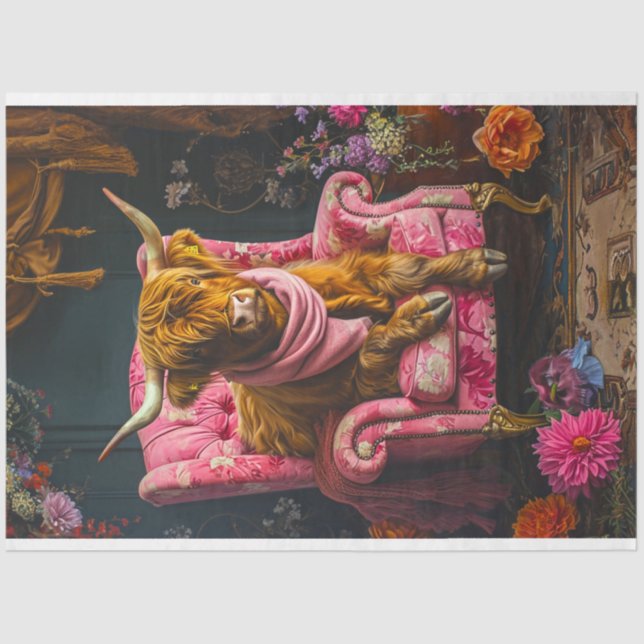 Vintage Highland Cow Pink Chair Decoupage  Tissue Paper (Front)