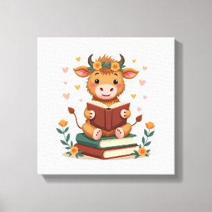 Vintage Highland Cow Reading Books Floral Cute Boo Canvas Print