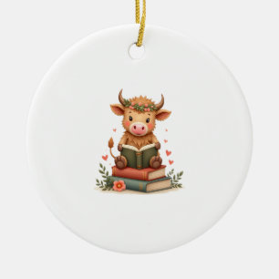 Vintage Highland Cow Reading Books Floral Cute Boo Ceramic Tree Decoration