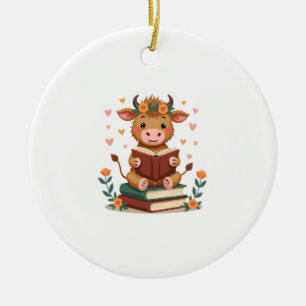 Vintage Highland Cow Reading Books Floral Cute Boo Ceramic Tree Decoration