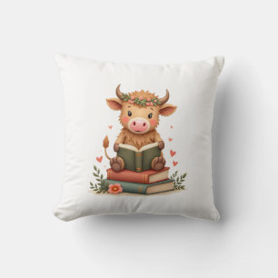 Vintage Highland Cow Reading Books Floral Cute Boo Cushion