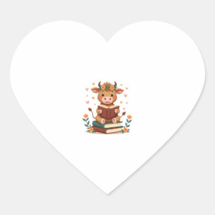 Vintage Highland Cow Reading Books Floral Cute Boo Heart Sticker