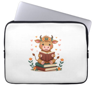 Vintage Highland Cow Reading Books Floral Cute Boo Laptop Sleeve