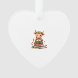 Vintage Highland Cow Reading Books Floral Cute Boo Ornament
