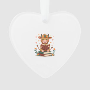 Vintage Highland Cow Reading Books Floral Cute Boo Ornament