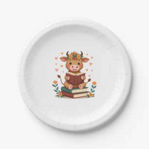 Vintage Highland Cow Reading Books Floral Cute Boo Paper Plate