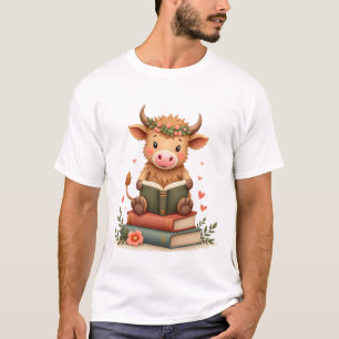 Vintage Highland Cow Reading Books Floral Cute Boo T-Shirt