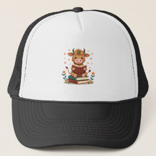 Vintage Highland Cow Reading Books Floral Cute Boo Trucker Hat