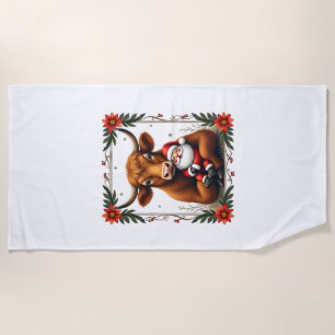 Vintage Highland Cow Santa Hug Christmas Rustic Fa Beach Towel