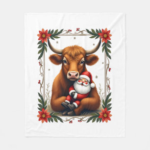 Vintage Highland Cow Santa Hug Christmas Rustic Fa Fleece Blanket