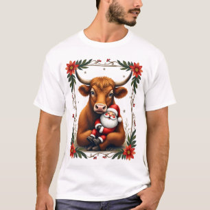 Vintage Highland Cow Santa Hug Christmas Rustic Fa T-Shirt