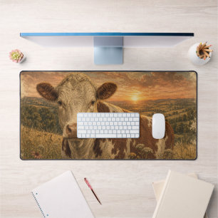 Vintage Highland Cow Sunset Illustration Desk Mat