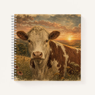 Vintage Highland Cow Sunset Illustration Notebook