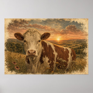 Vintage Highland Cow Sunset Illustration Poster