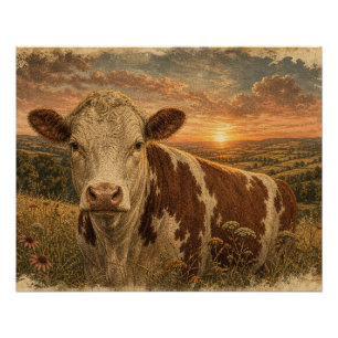 Vintage Highland Cow Sunset Illustration Poster