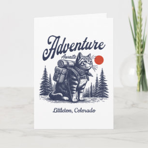 Vintage Hiking Cat Adventure Awaits Custom Town Card