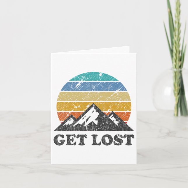 Vintage Hiking - Get Lost - Retro Sunset Mountains Card (Front)