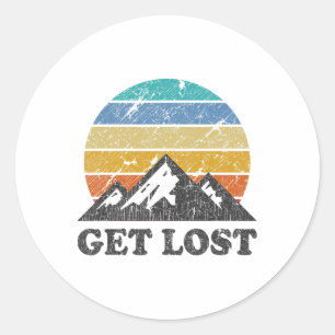 Vintage Hiking - Get Lost - Retro Sunset Mountains Classic Round Sticker